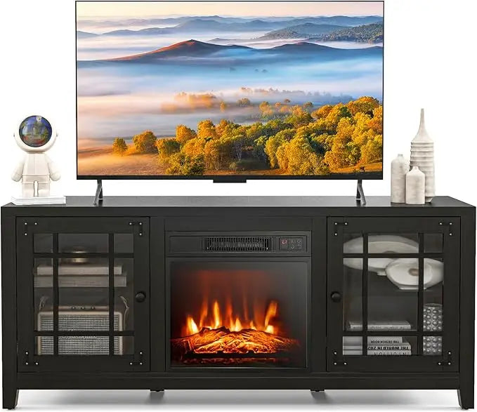 Electric Fireplace Stand with 18 Center, Remote & Thermostat, Adjustable Shelves for Home Entertainment Customized