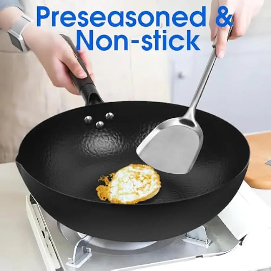 Wok w/  Wood Lid & Utensil, 12.5 In Steel for Electric, Induction