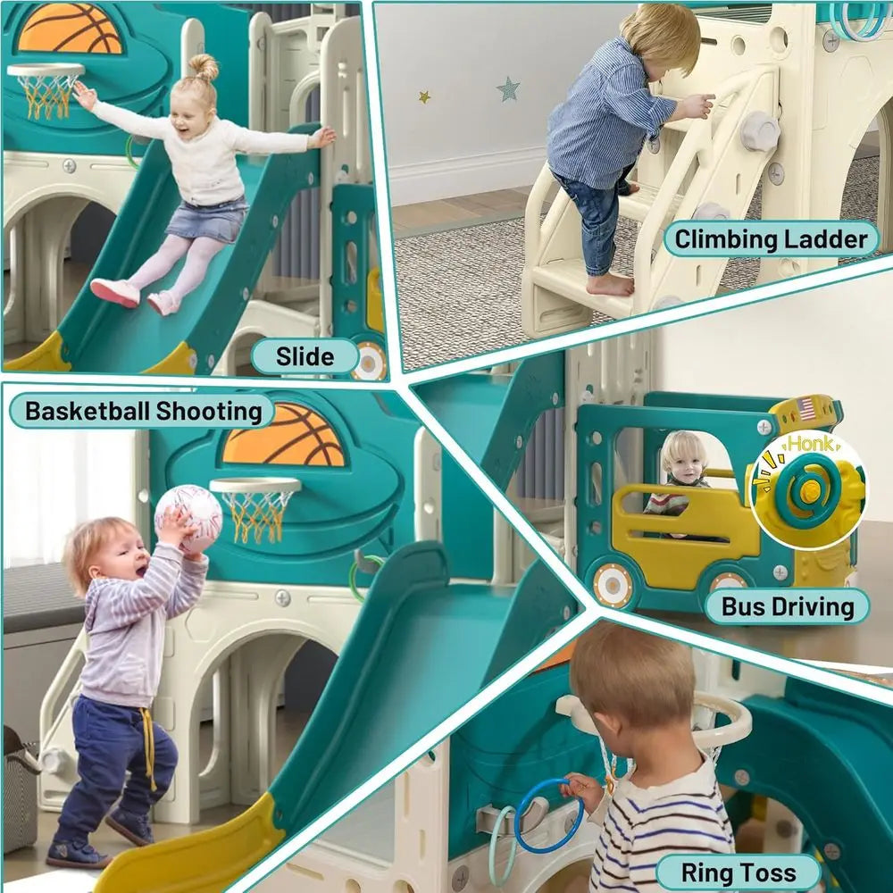 All-in-One Toddler Playground: Bus-Themed Climber with Slide, Basketball, Ring Toss, and Car Playhouse for Indoor & Outdoor Fun