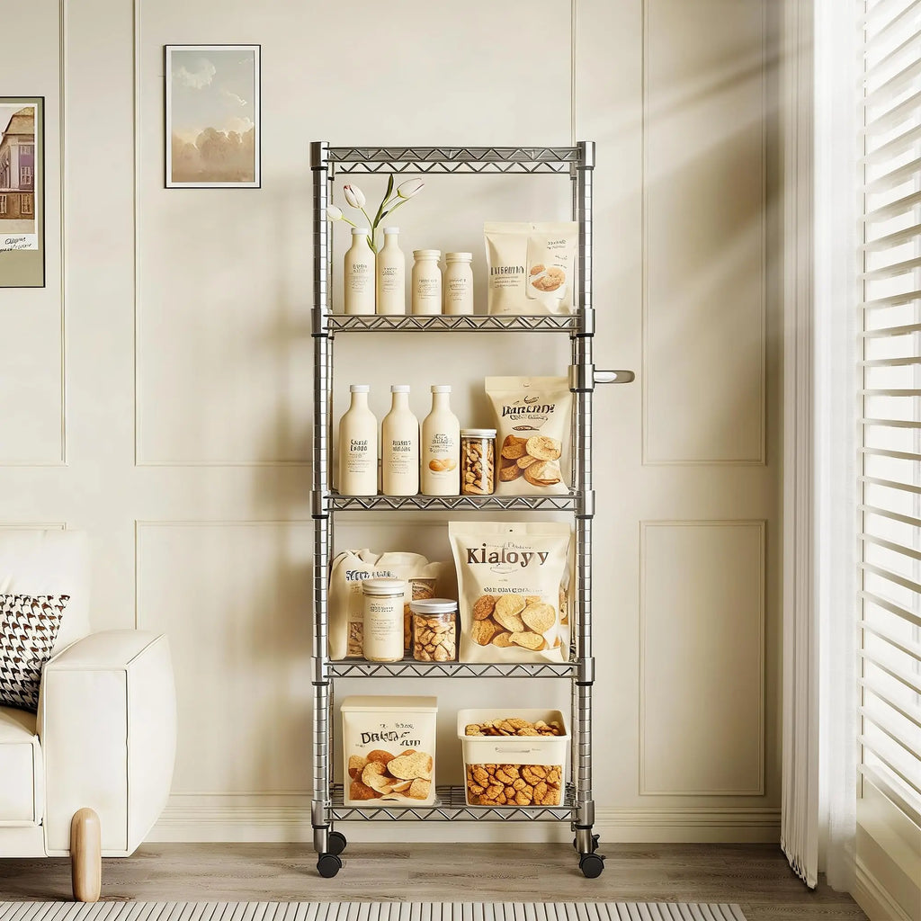 5-Tier Heavy Duty Storage Shelves 1100 LBS Metal Wire Rack Shelving with Lockable Wheels, 61" H Rolling Storage Rack for Kitchen