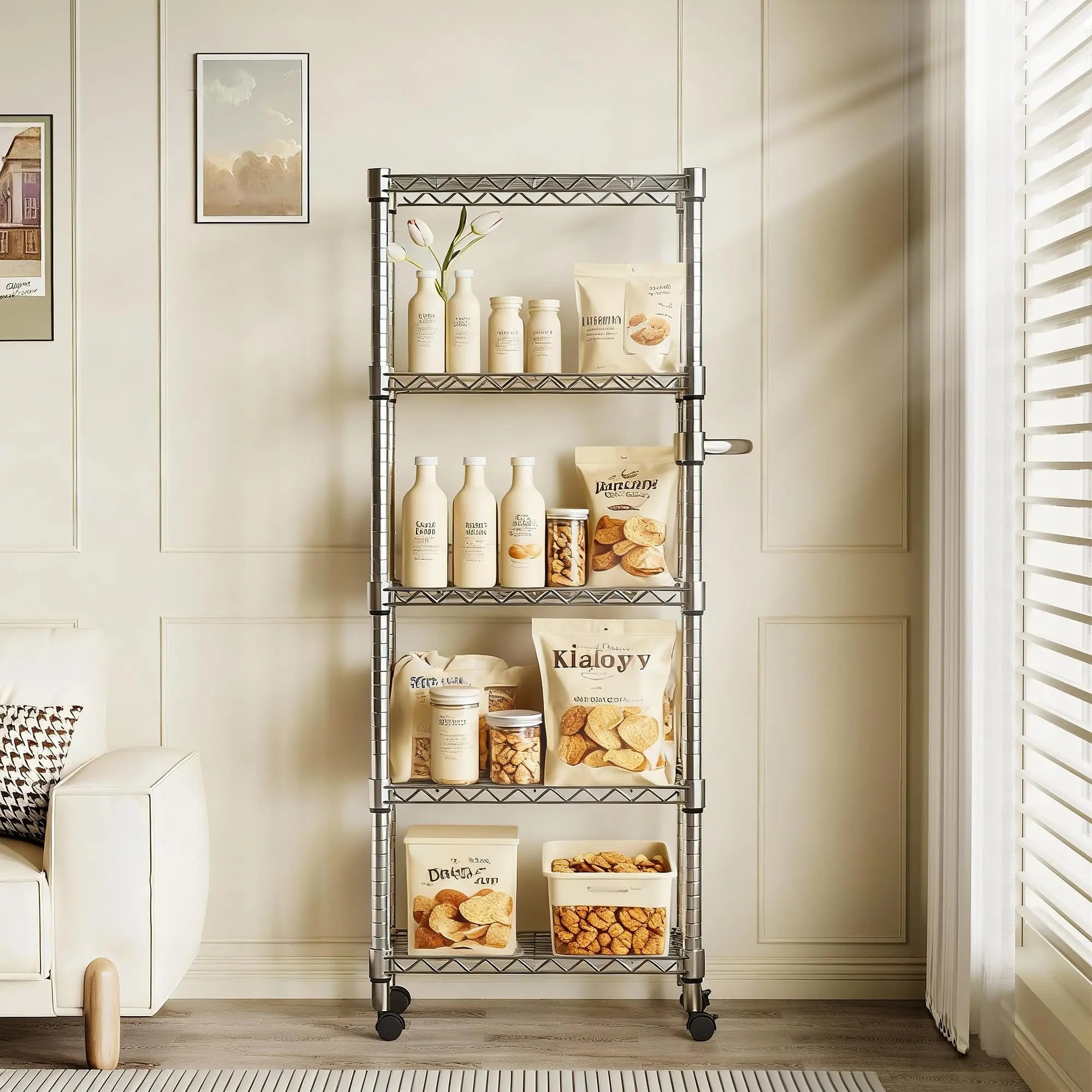5-Tier Heavy Duty Storage Shelves 1100 LBS Metal Wire Rack Shelving with Lockable Wheels, 61" H Rolling Storage Rack for Kitchen