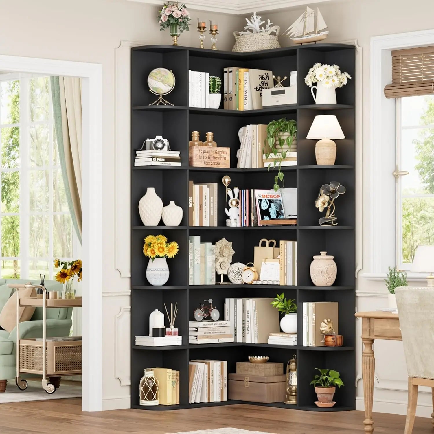 74” Tall Corner Bookshelf, 6-Tier Bookshelf and Bookcase with Open Storage, L Shaped Tall Bookcases Wooden Storage, Customized