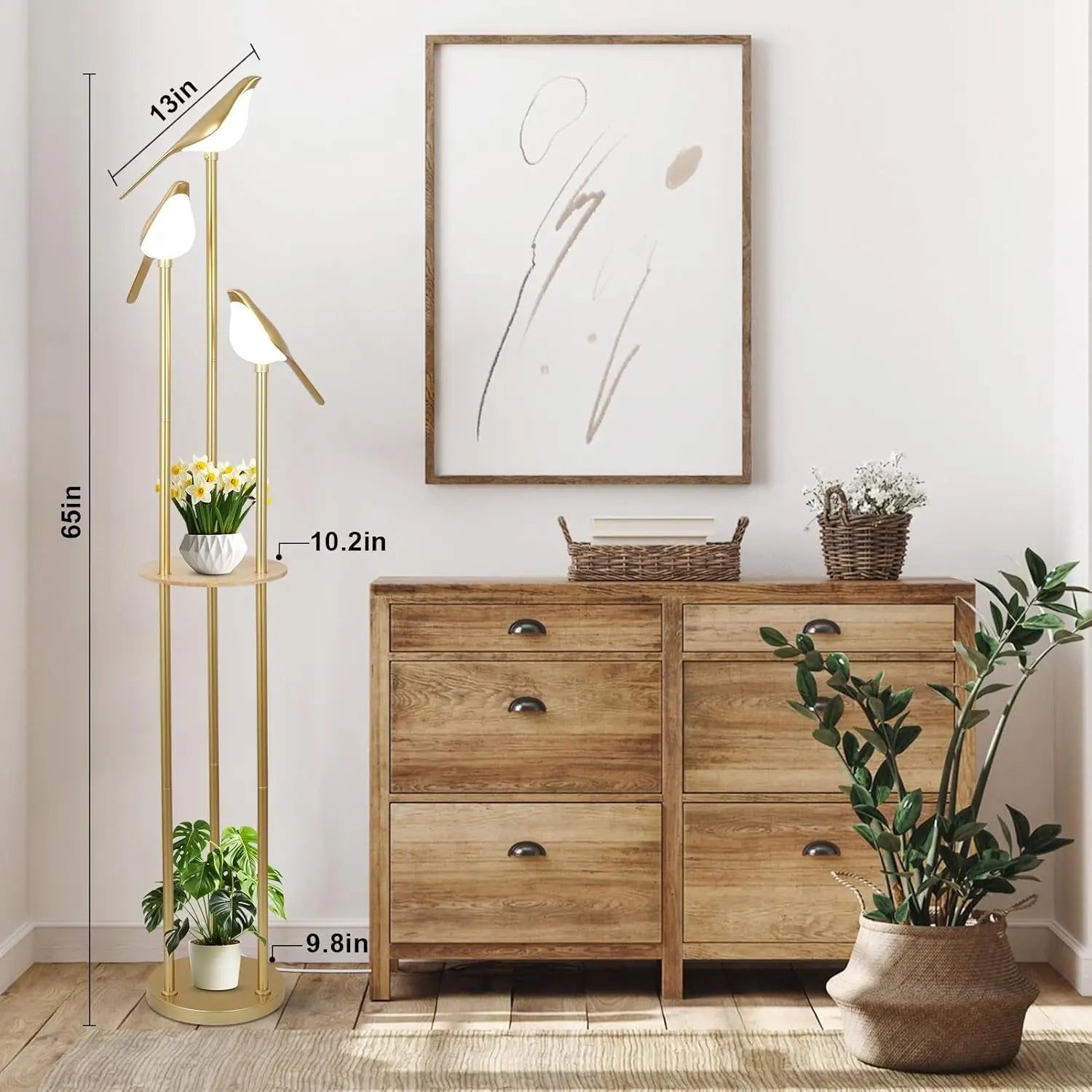 Floor Lamp w/ LED Bird Lights Wood Shelf Gold