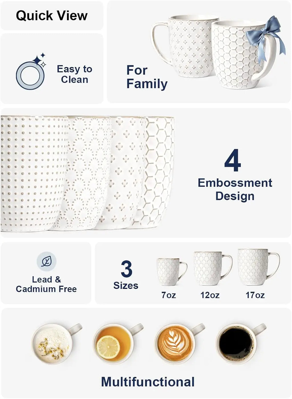 Mugs Set of 4, 16 oz Ceramic Embossed Dishwasher Safe White