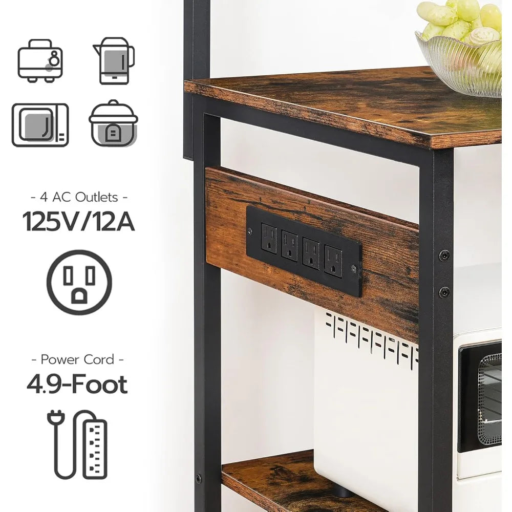 HOOBRO Large Bakers Rack with Power Outlets, 6-Tier Microwave Stand with 4 Hooks, Coffee Bar, Kitchen Shelf with Wire Basket, fo