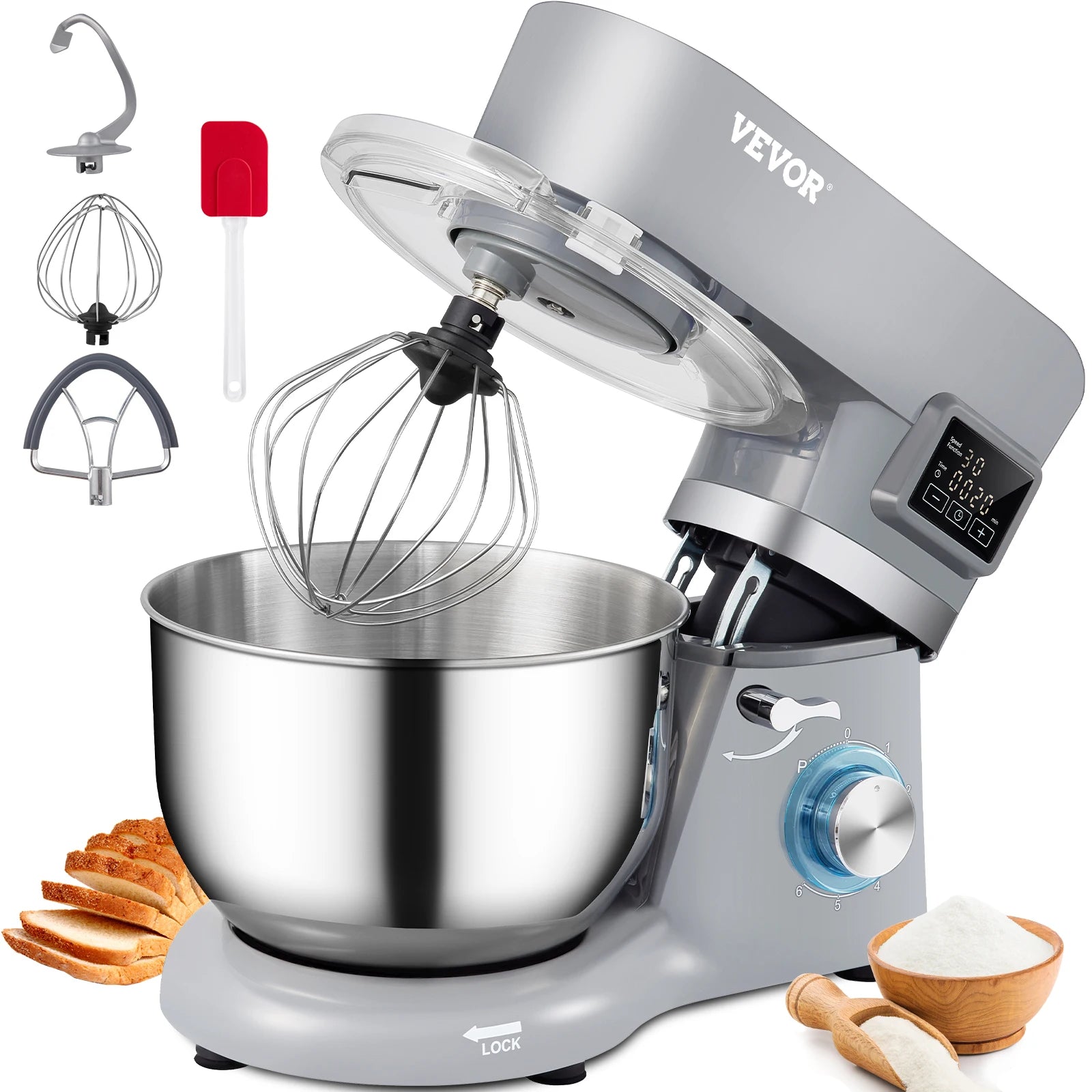 Mixer, Electric Dough Mixer Stand w/ 6 Speeds LCD Stainless