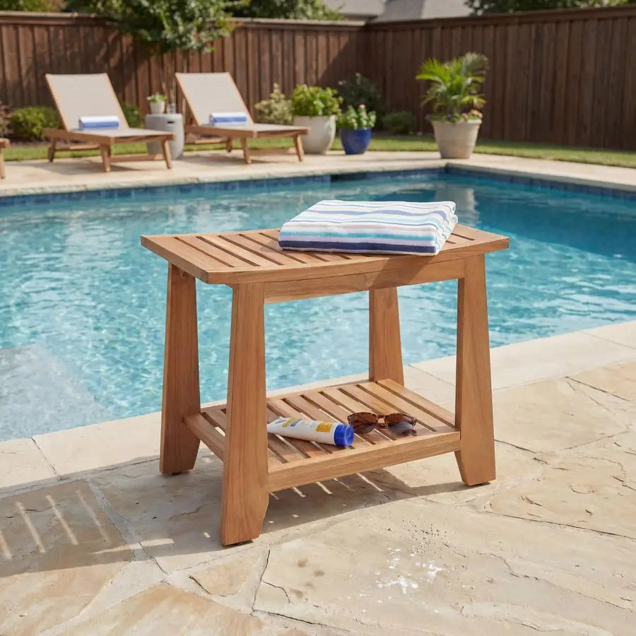 Shower Bench Stool, 21 Waterproof Wood Spa Bath Bench with Storage Shelf, NonSlip Solid Teak Shower Seat Chair for Bathroom Ins
