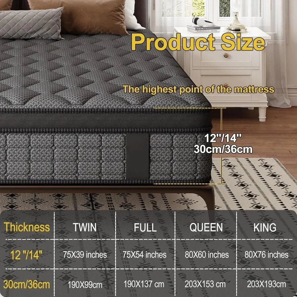 Mattress 14 Inch Hybrid Mattress in a Box，Medium Firm Mattresses with Gel Memory Foam & Pocket Springs, Pressure Customized