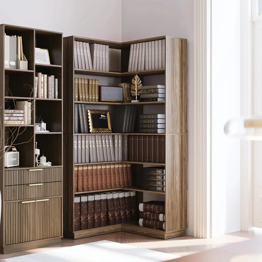 Corner Book Shelf, 6 Tier 73 Inch Tall Corner Bookshelf with Open Storage, Wood L Shaped Bookcase Storage Display Rack for Home