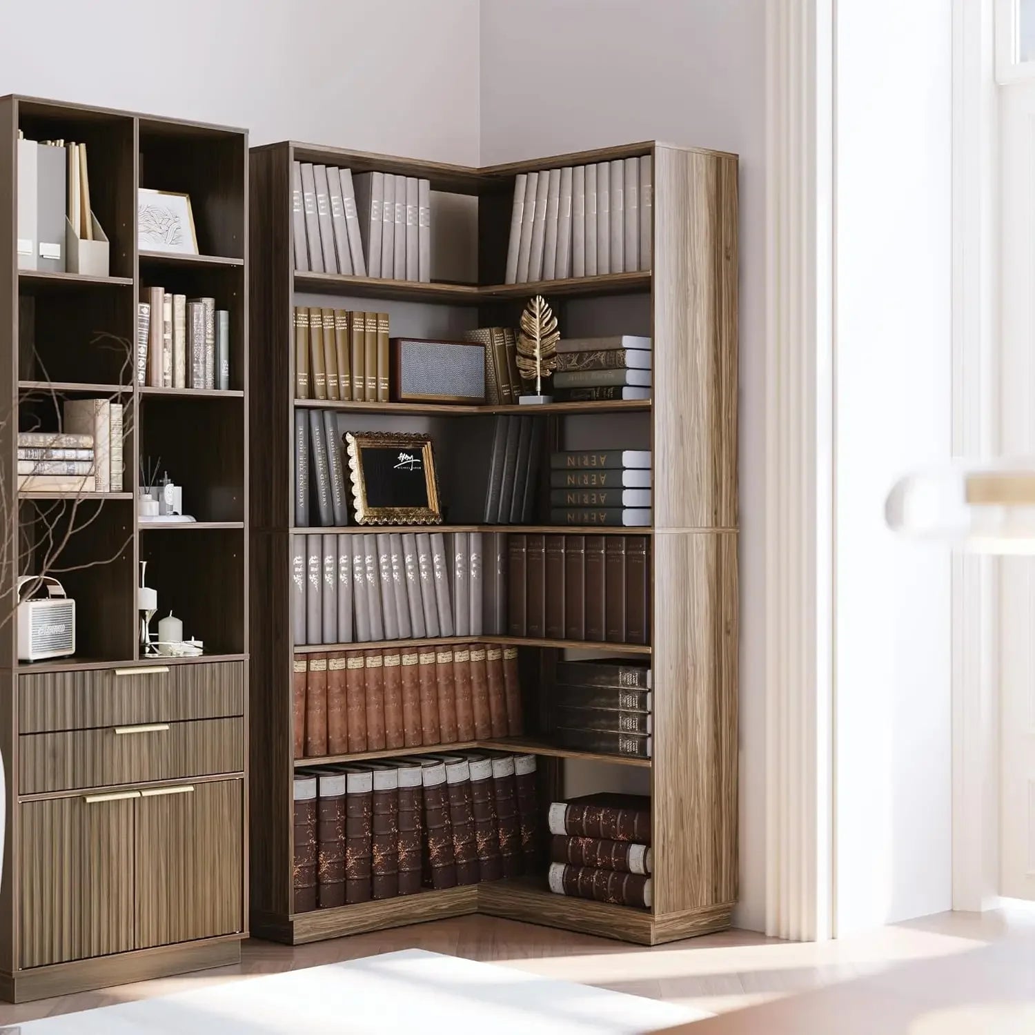 Corner Book Shelf, 6 Tier 73 Inch Tall Corner Bookshelf with Open Storage, Wood L Shaped Bookcase Storage Display Rack for Home