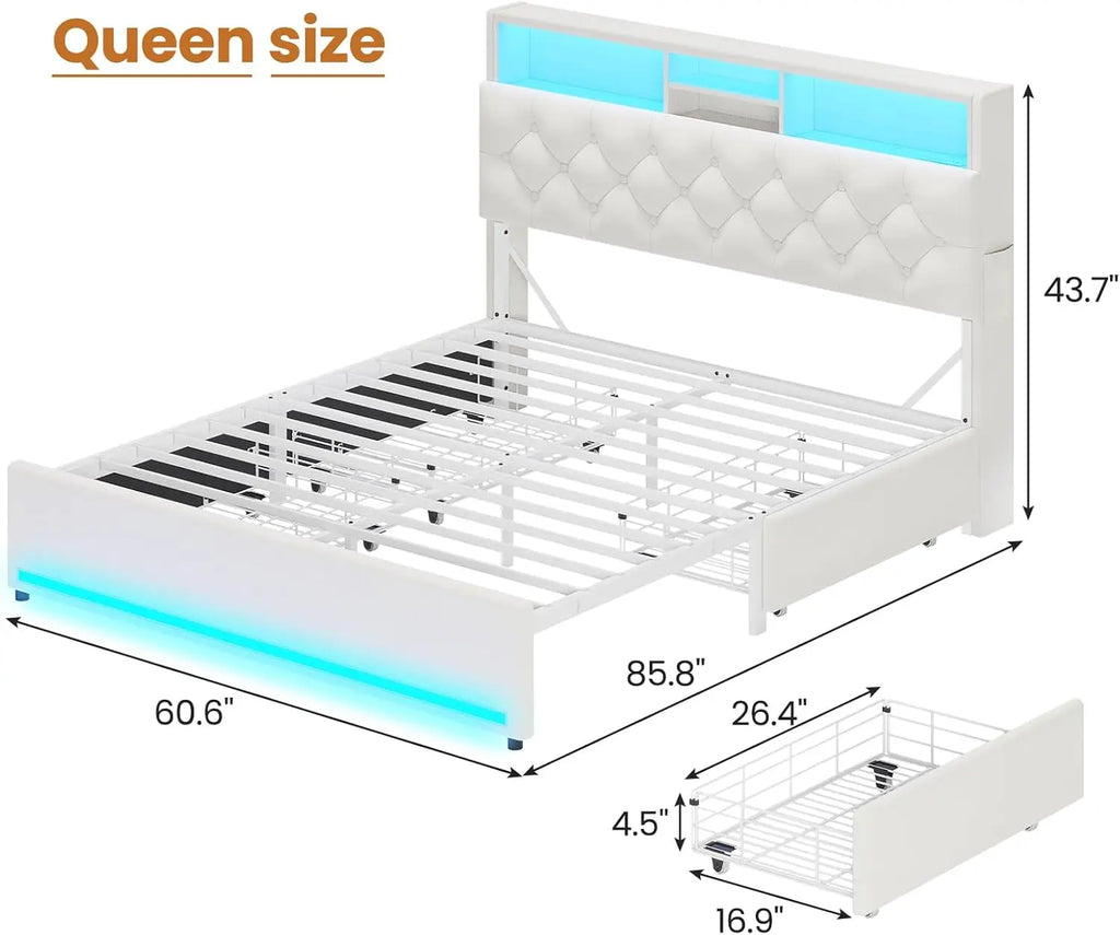 Modern Velvet Platform Bed with LED Lights, Storage Drawers, and Charging Station in Creamy White