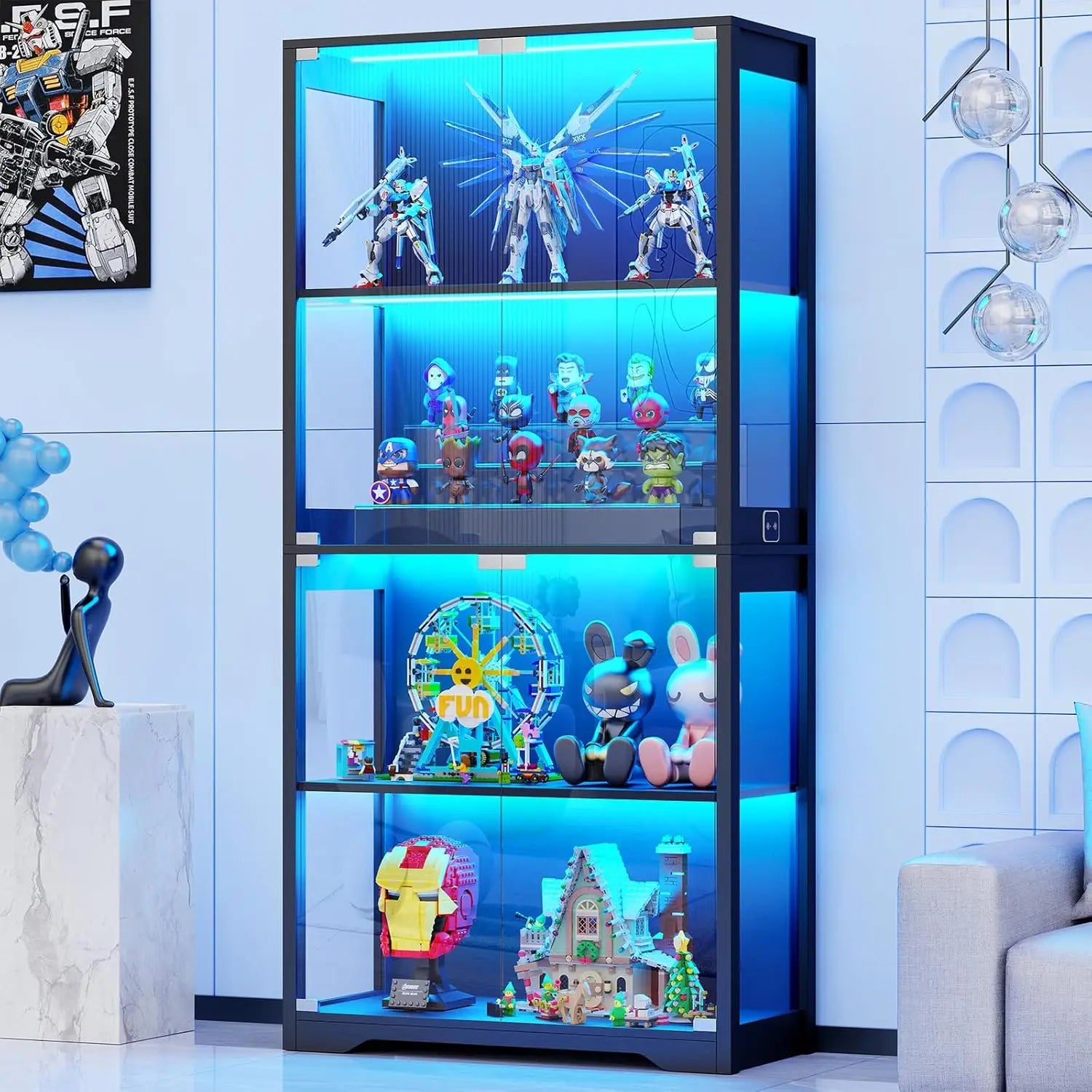 Display Cabinet with Glass Doors, 4-Tier Curio Cabinet with 3 Color Lights for Collectibles, Glass Display Case, Customized