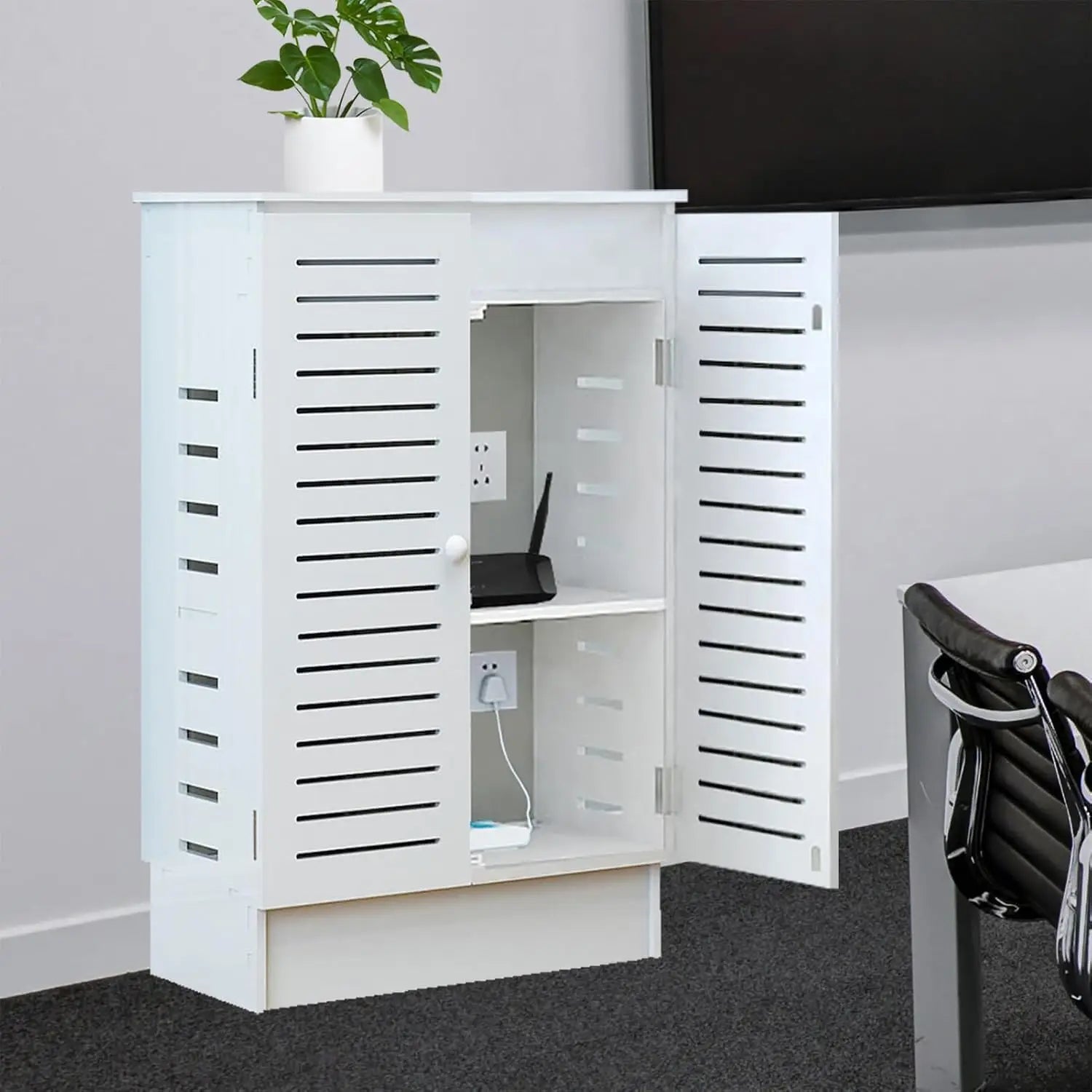 Floor Standing Router Storage Cabinet Box Modem Power Strip Cable Management Organizer for Home Office White Customized