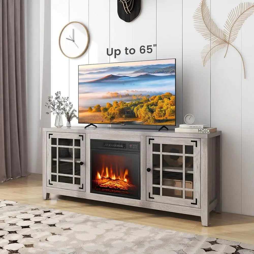 Electric Fireplace Stand with 18 Center, Remote & Thermostat, Adjustable Shelves for Home Entertainment Customized
