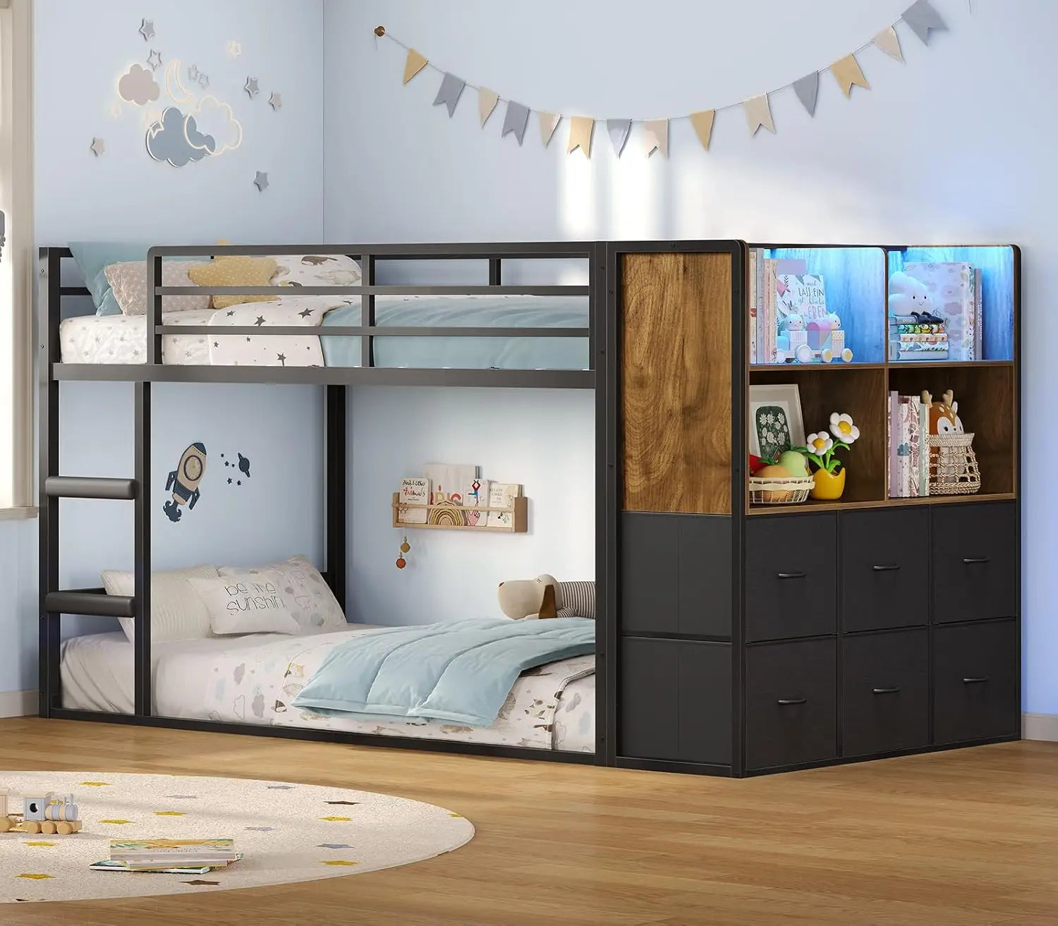 Bunk Bed Twin Over Twin with 6 Large Fabric Drawers & 4 Wooden Storage Bookshelf Organizer, Metal Low Bunk Bed for, Customized