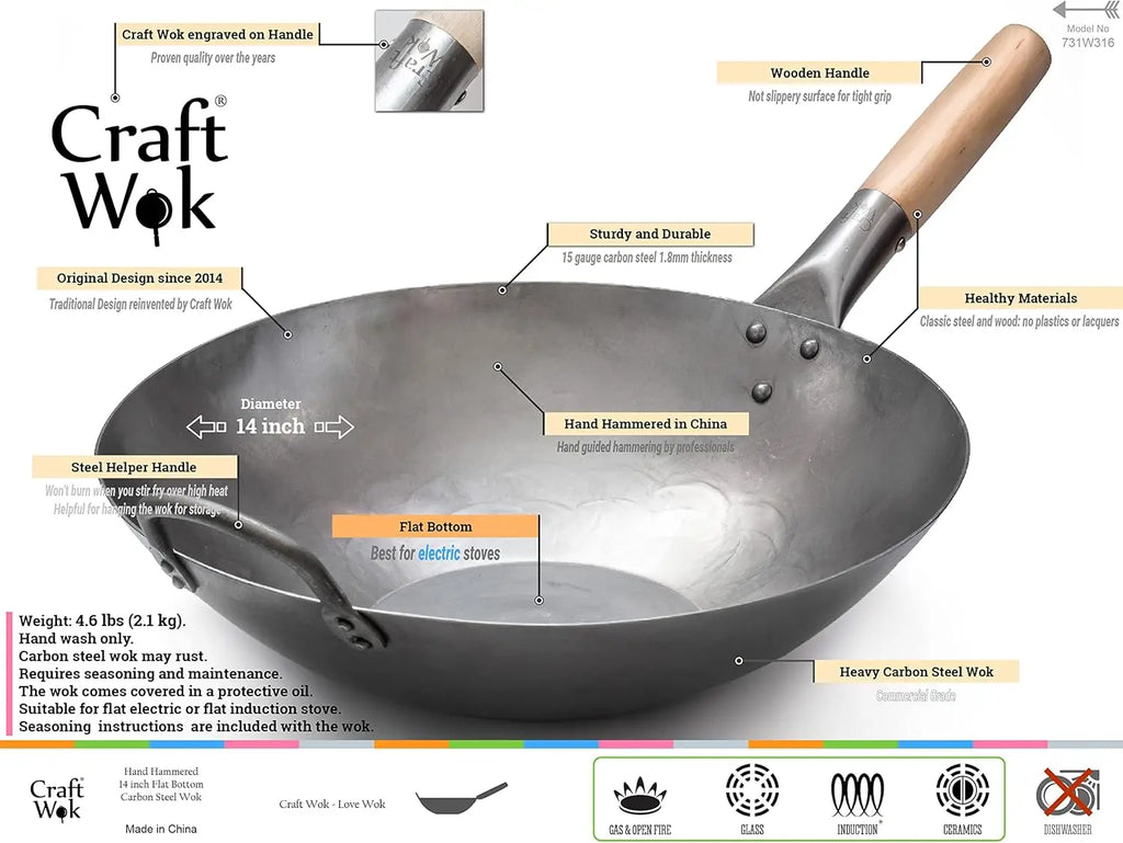 Wok, 14 In Flat Bottom Carbon Steel