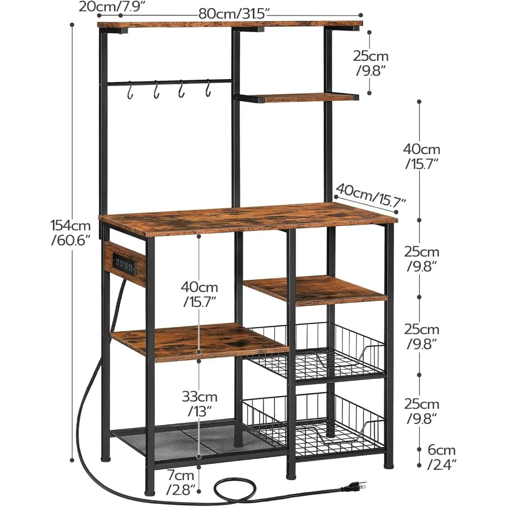 HOOBRO Large Bakers Rack with Power Outlets, 6-Tier Microwave Stand with 4 Hooks, Coffee Bar, Kitchen Shelf with Wire Basket, fo