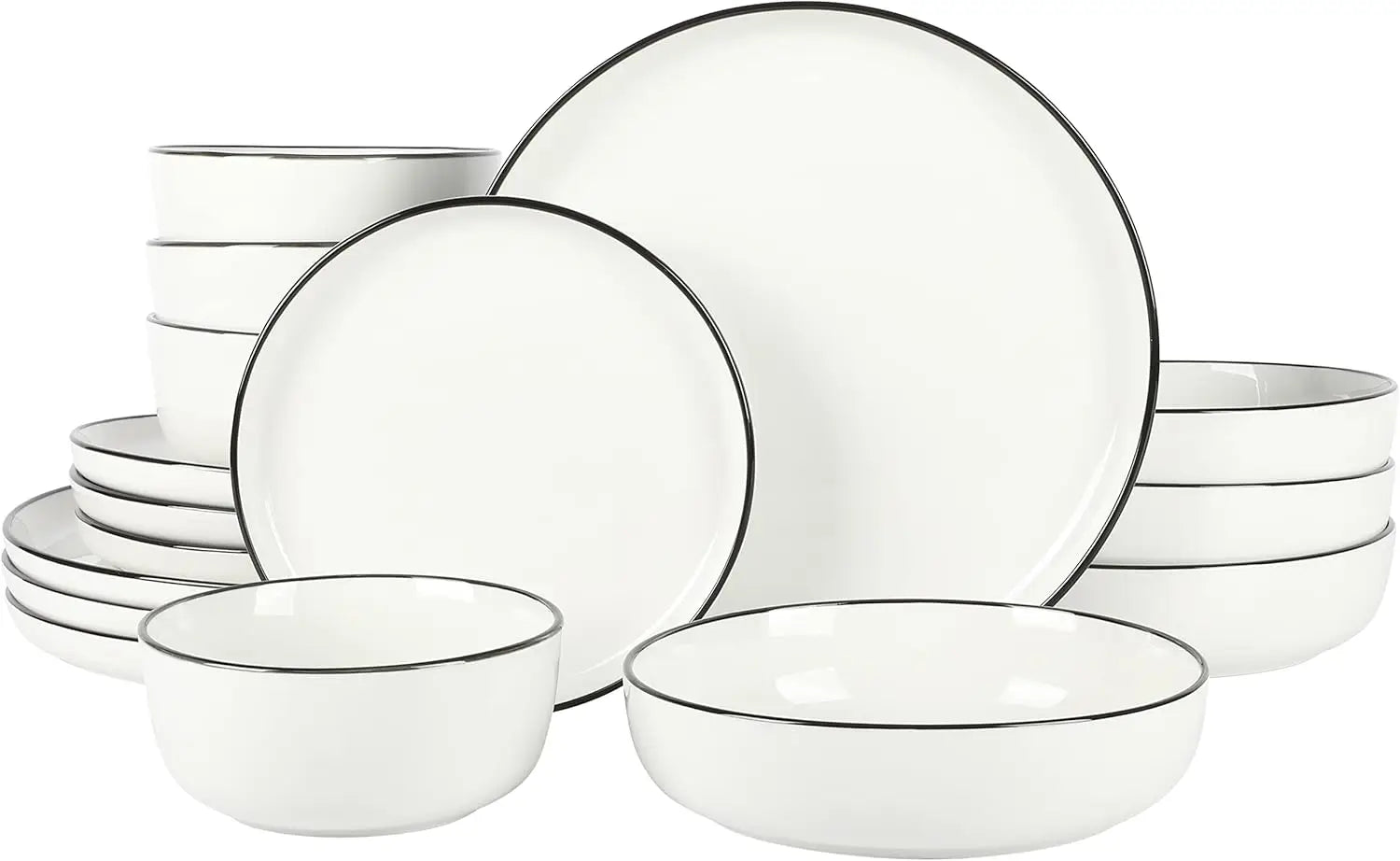 16-Piece Porcelain Dinnerware Set for 4, White Plates with Black Rim, Microwave & Dishwasher Safe
