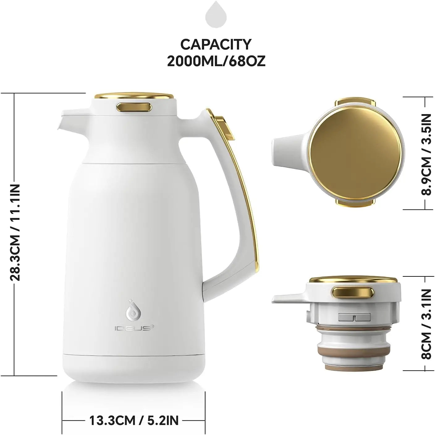 Coffee Carafe, Stainless Steel Hot&Cold, White-Gold 68oz