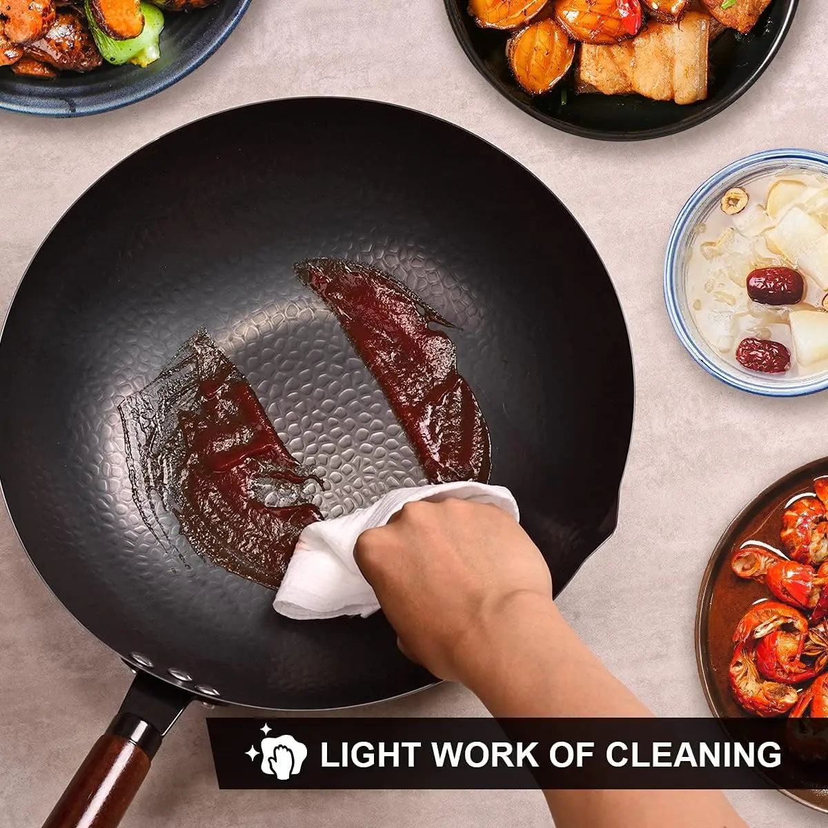 Wok Set w/ Wood Lid & 10 Utensils 12.8" Steel Flat Bottom