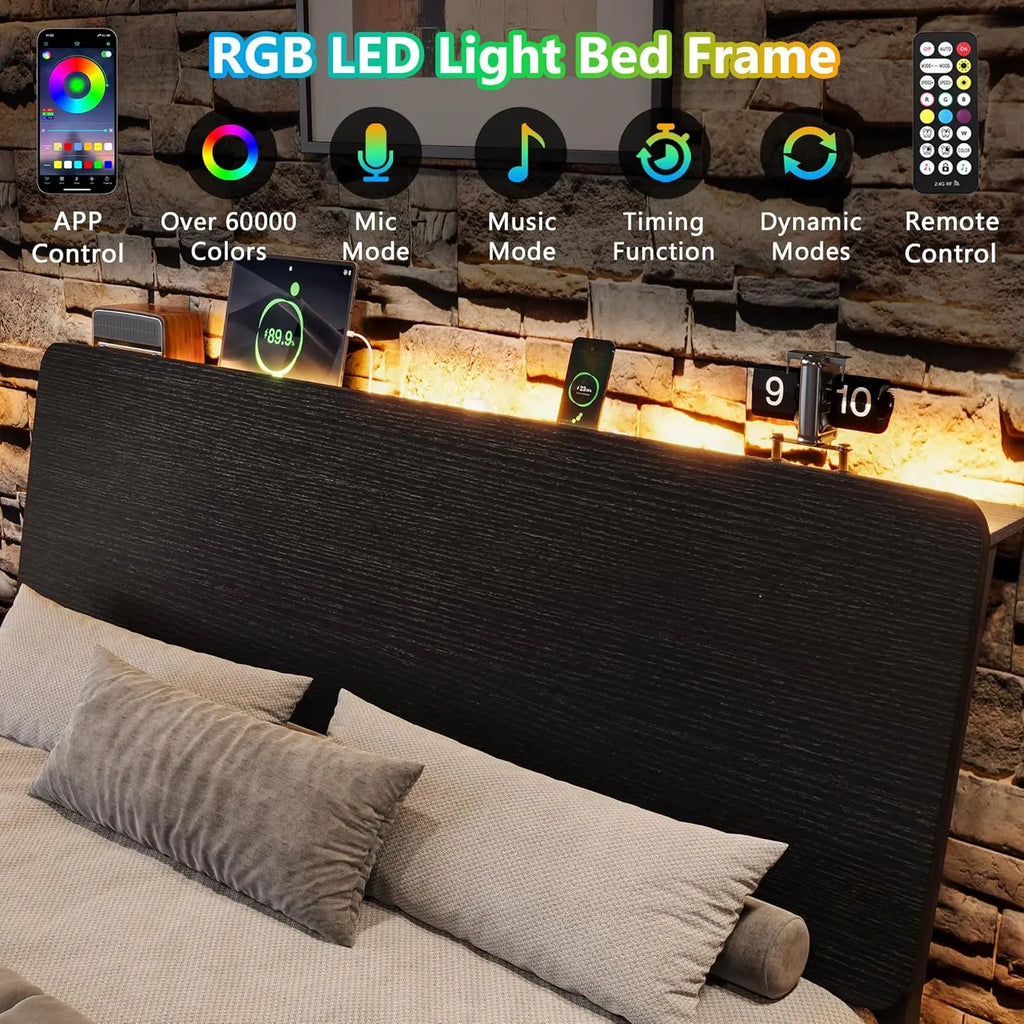 Full Bed Frame with Ergonomic Wooden Storage Headboard, LED Bed Frame with Charging Station, 12" UnderBed Storage,, Customized