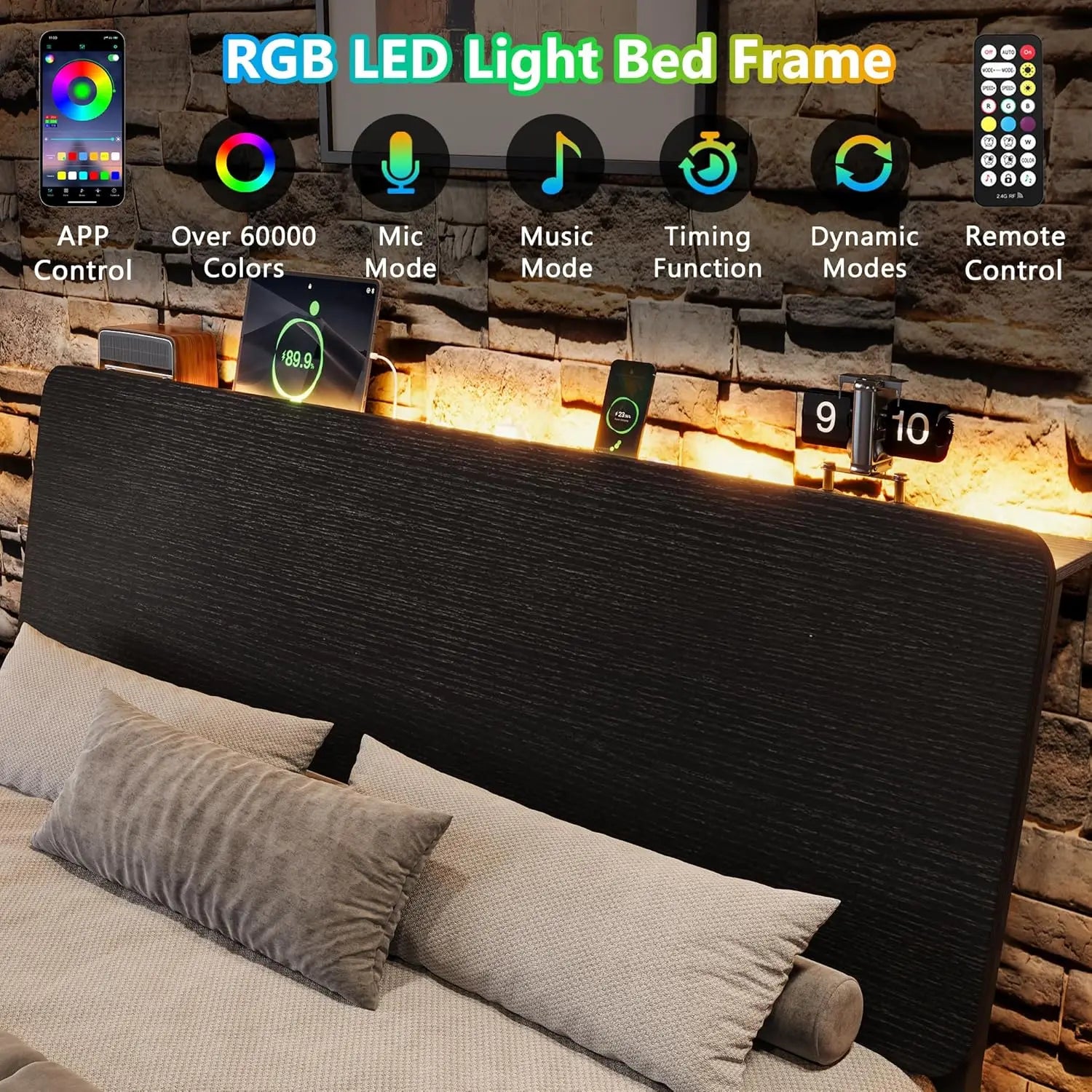 Full Bed Frame with Ergonomic Wooden Storage Headboard, LED Bed Frame with Charging Station, 12" UnderBed Storage,, Customized