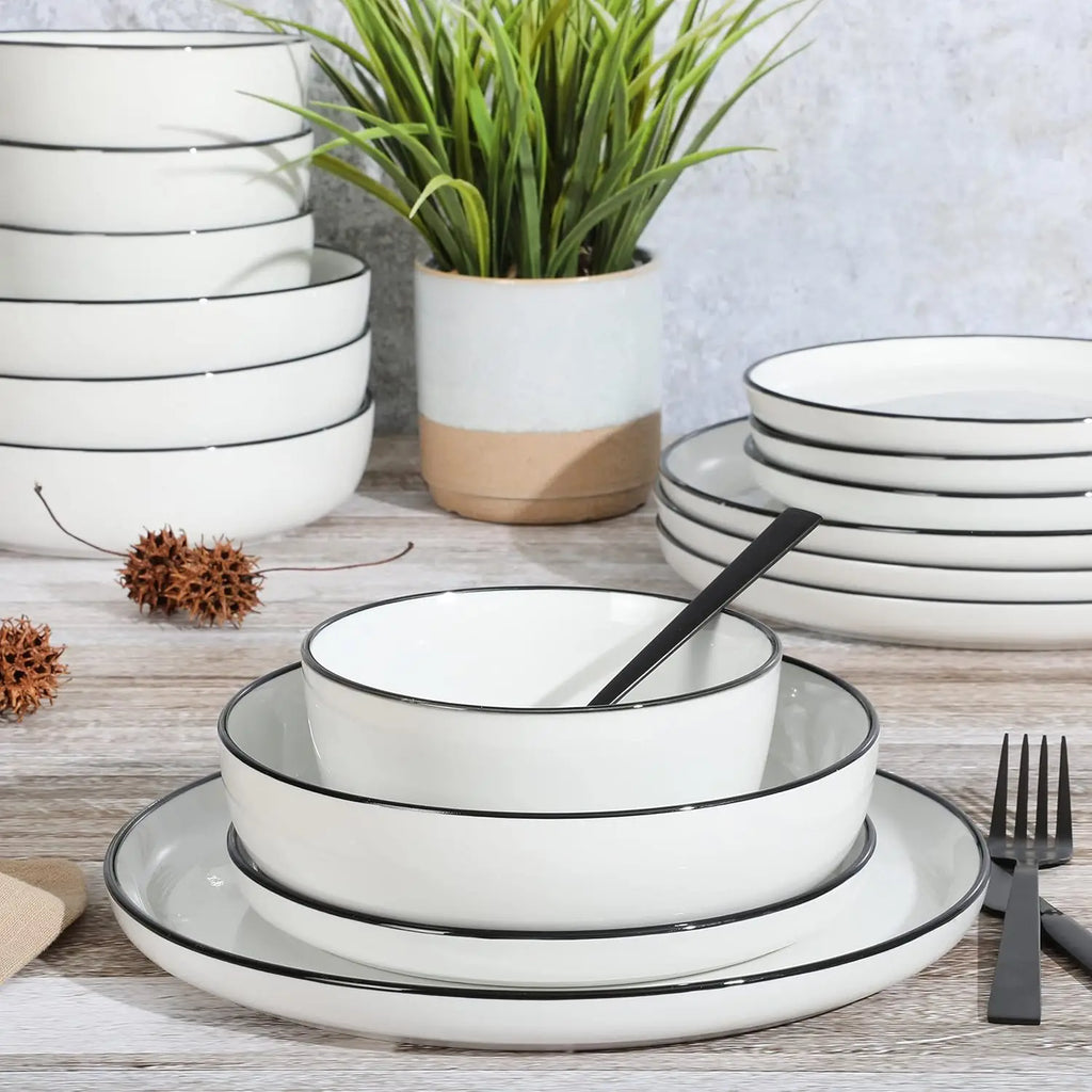 16-Piece Porcelain Dinnerware Set for 4, White Plates with Black Rim, Microwave & Dishwasher Safe