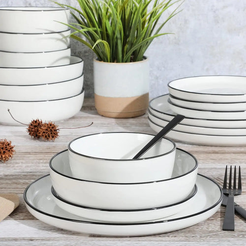 16-Piece Porcelain Dinnerware Set for 4, White Plates with Black Rim, Microwave & Dishwasher Safe