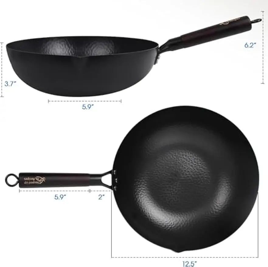 Wok w/  Wood Lid & Utensil, 12.5 In Steel for Electric, Induction