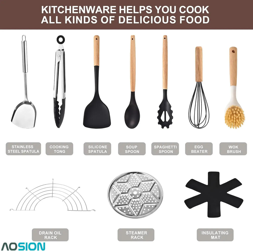 Wok Set w/ Lid & Utensils, 13'' Steel Non-stick Flat Bottom