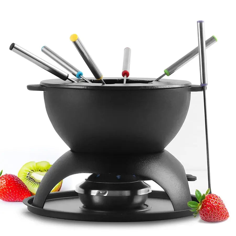 Fondue Pot, Black Cast Iron 5-Cup 6 Forks