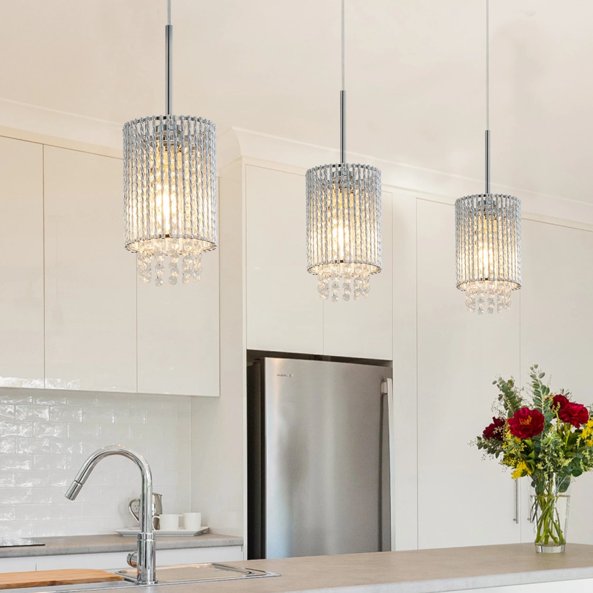 ARLGSITE Luxury Modern Crystal Pendant Light 3-Pack Adjustable Chrome Hanging Ceiling Fixture with Clear Beads, Elegant Design