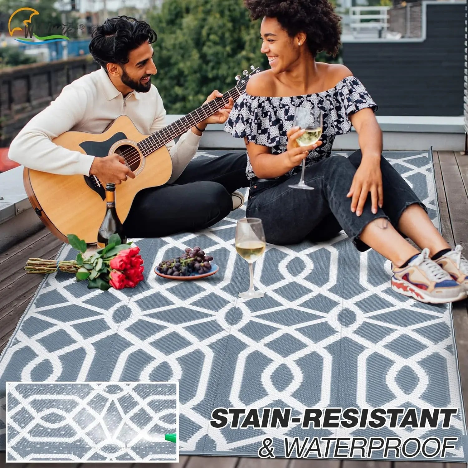 5x8ft Waterproof Reversible Outdoor Rug, Ideal for Patio Deck Pool Camping Beach Picnic in Grey