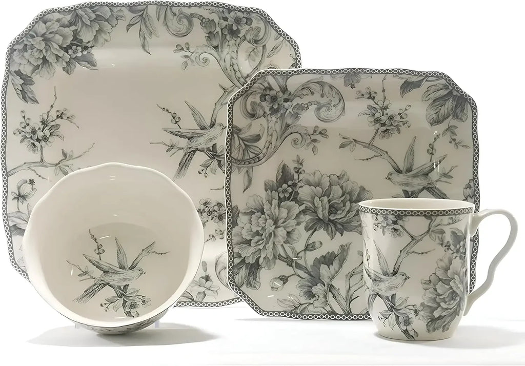 Adelaide 16-Piece Square Floral Dinnerware Set – Service for 4, Grey & White Porcelain Plates & Bowls, for Everyday Dining & Ent