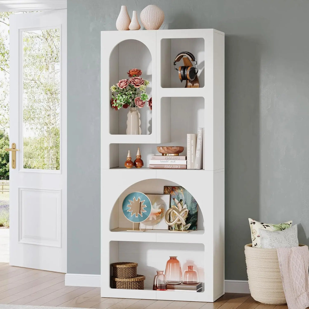 70.87" Tall Geometric Bookshelf, White Arched Bookcase with 5 Irregular Storage Shelves,Free-Standing for Living Room, Bedroom