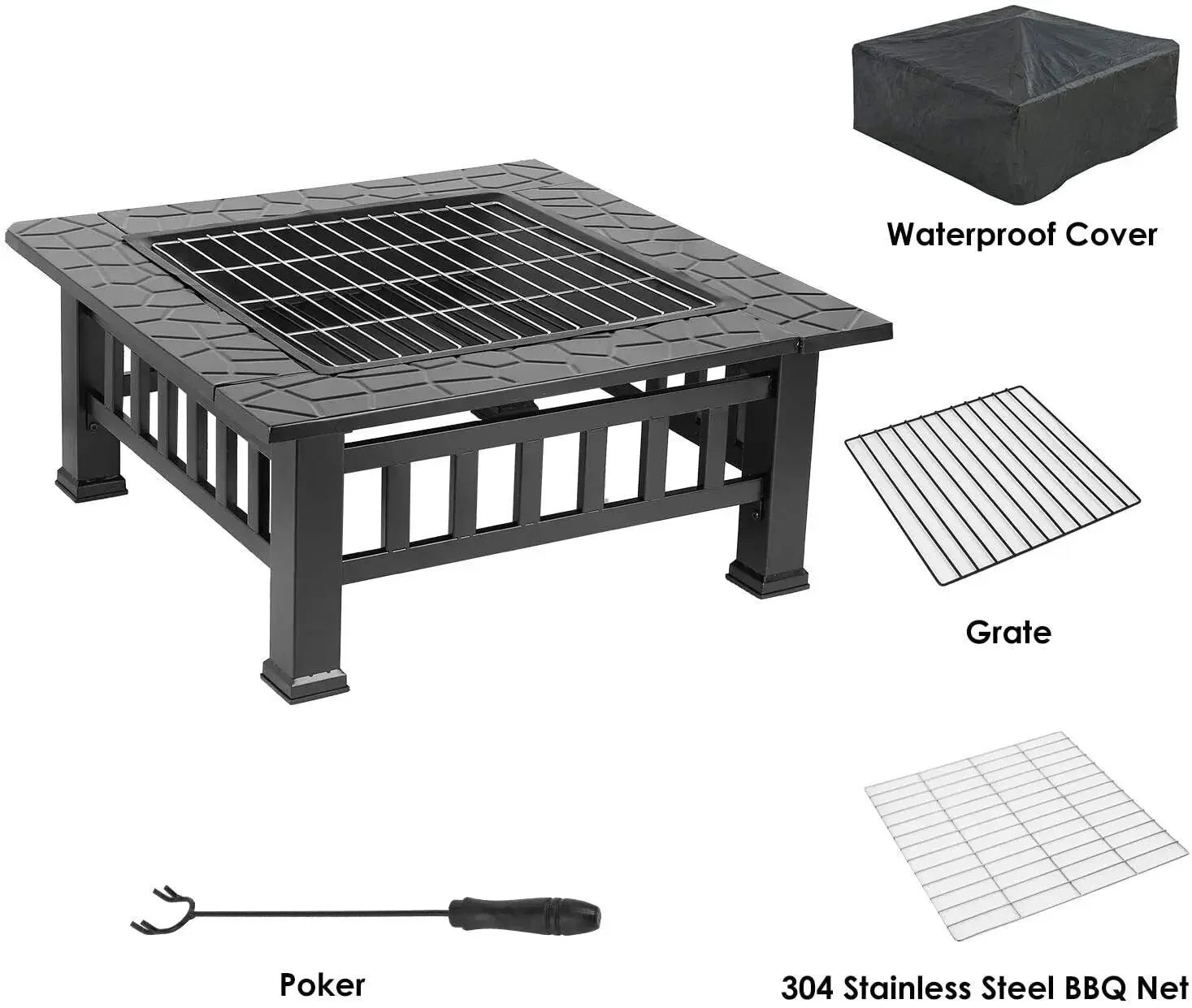 Fire Pit Table 32" Wood Burning Grill w/ Spark Screen Poker