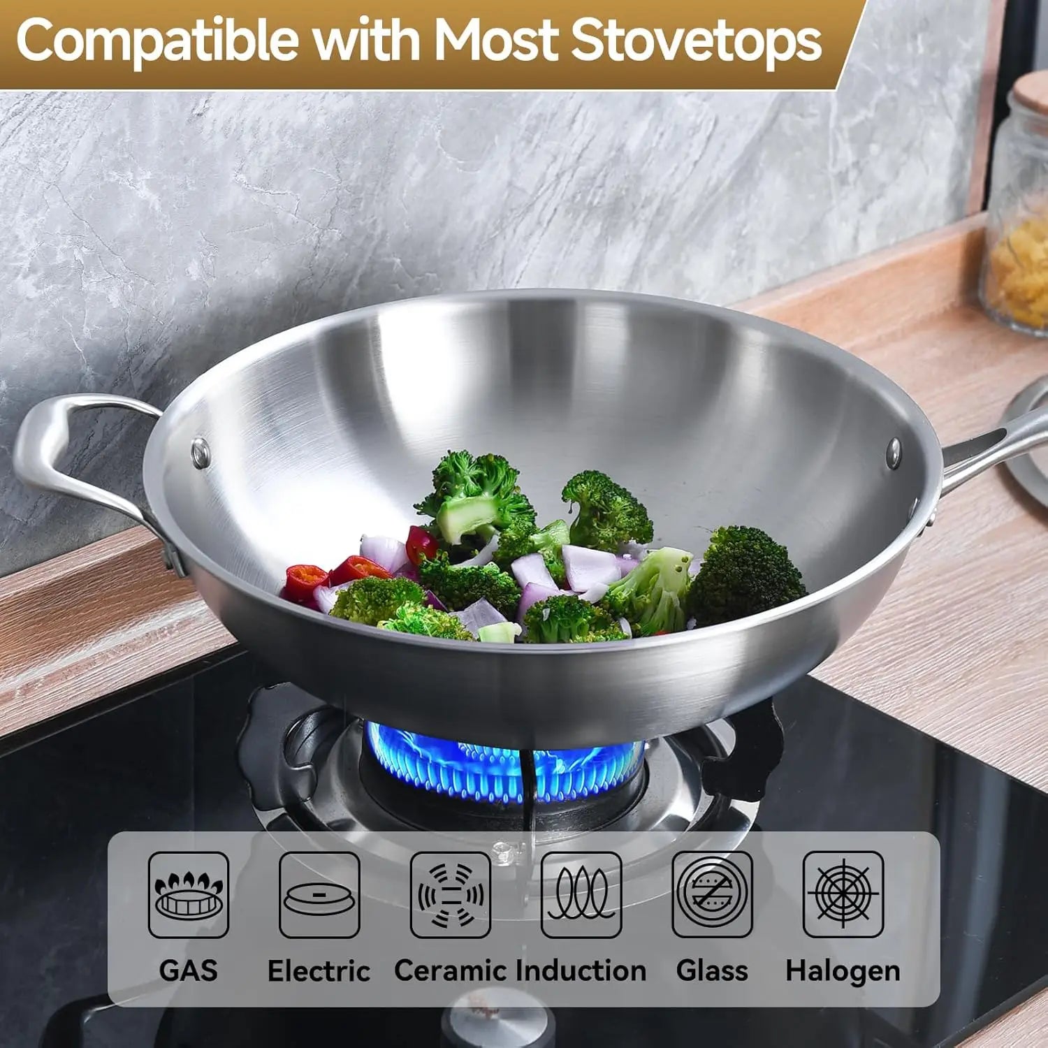 Wok w/ Glass Lid, 13-In Stainless Steel Induction Compatible, Dishwasher Safe