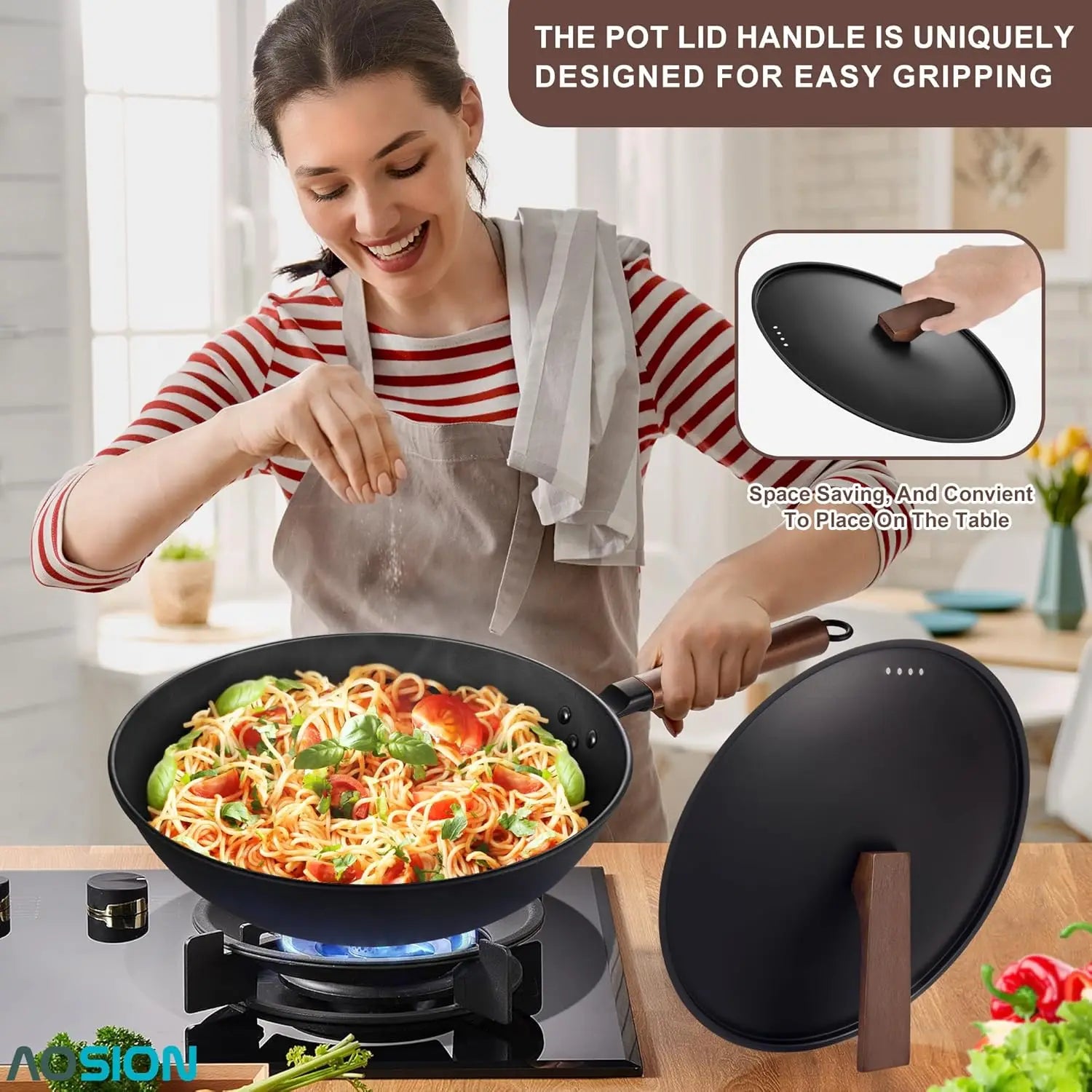 Wok Set w/ Lid & Utensils, 13'' Steel Non-stick Flat Bottom