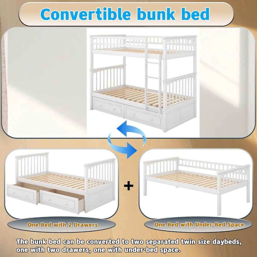 Convertible Twin Bunk Bed with Storage Drawers & Ladder Separates into Two Daybeds Wood Frame White Customized