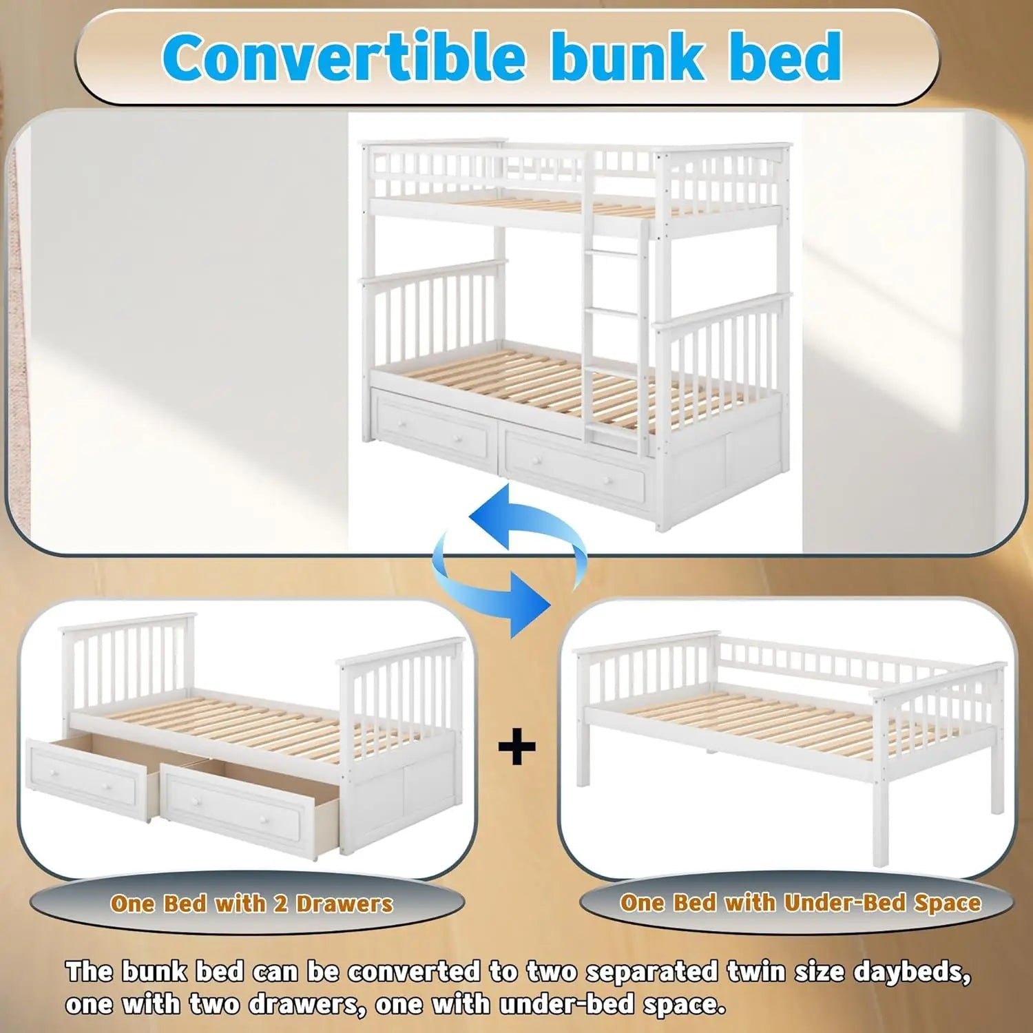 Convertible Twin Bunk Bed with Storage Drawers & Ladder Separates into Two Daybeds Wood Frame White Customized