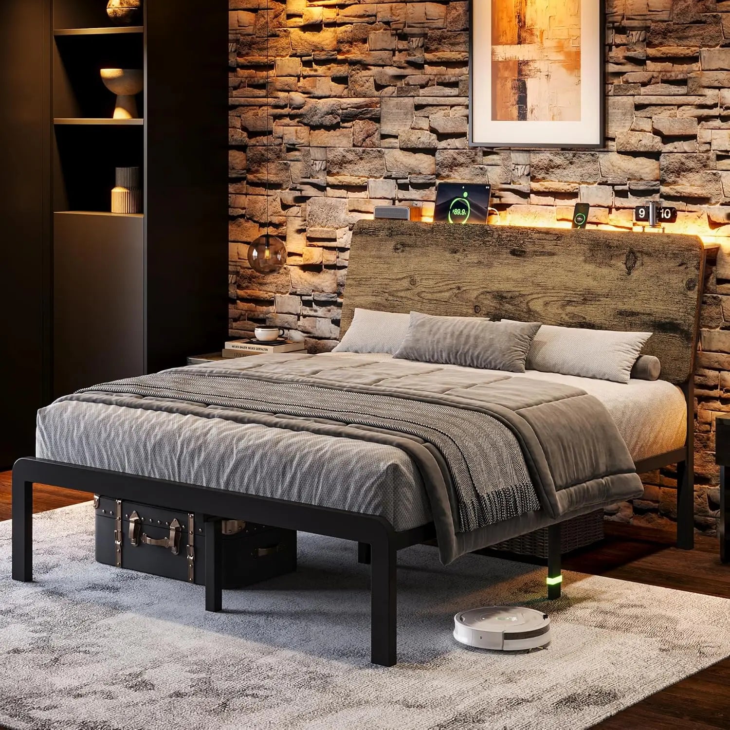 Full Bed Frame with Ergonomic Wooden Storage Headboard, LED Bed Frame with Charging Station, 12" UnderBed Storage,, Customized