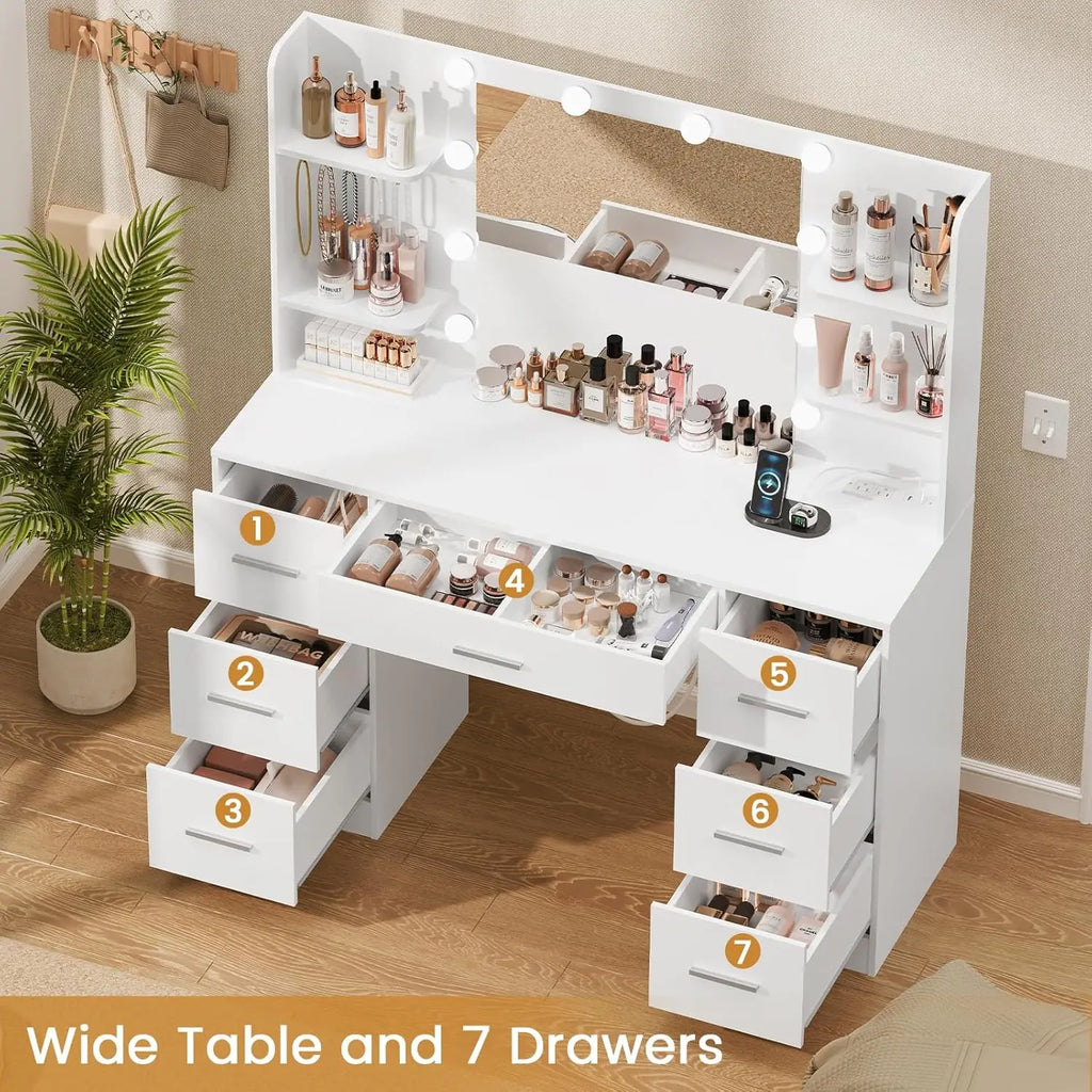 Large Vanity Desk with LED Mirror & Power Outlet 7 Drawers 4 Shelves 5 Hooks Bedroom Bathroom White, Customized