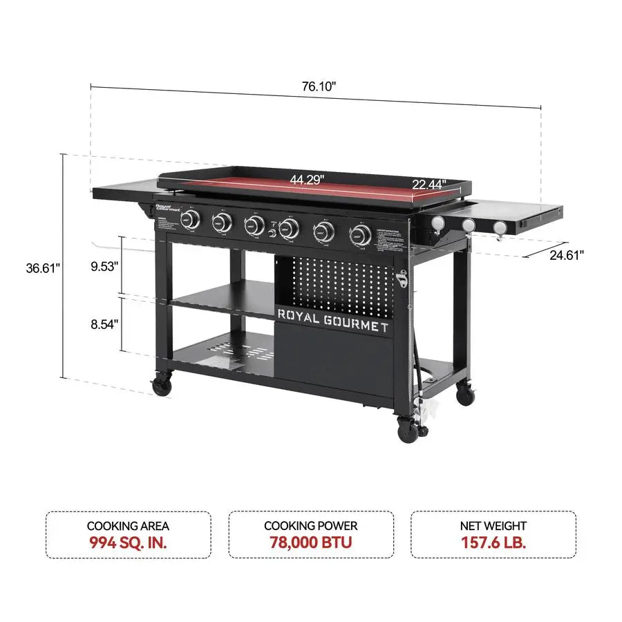 Gas Griddle Grill w/ Folding Tables, 6-Burner Double Bottom Shelves