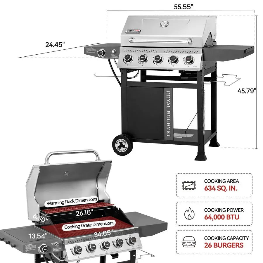 Gas Grill w/ 5-Burner BBQ Porcelain Enameled Cast Iron