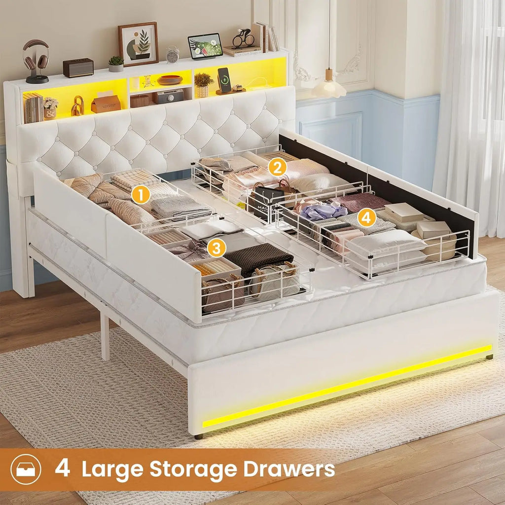 Modern Velvet Platform Bed with LED Lights, Storage Drawers, and Charging Station in Creamy White