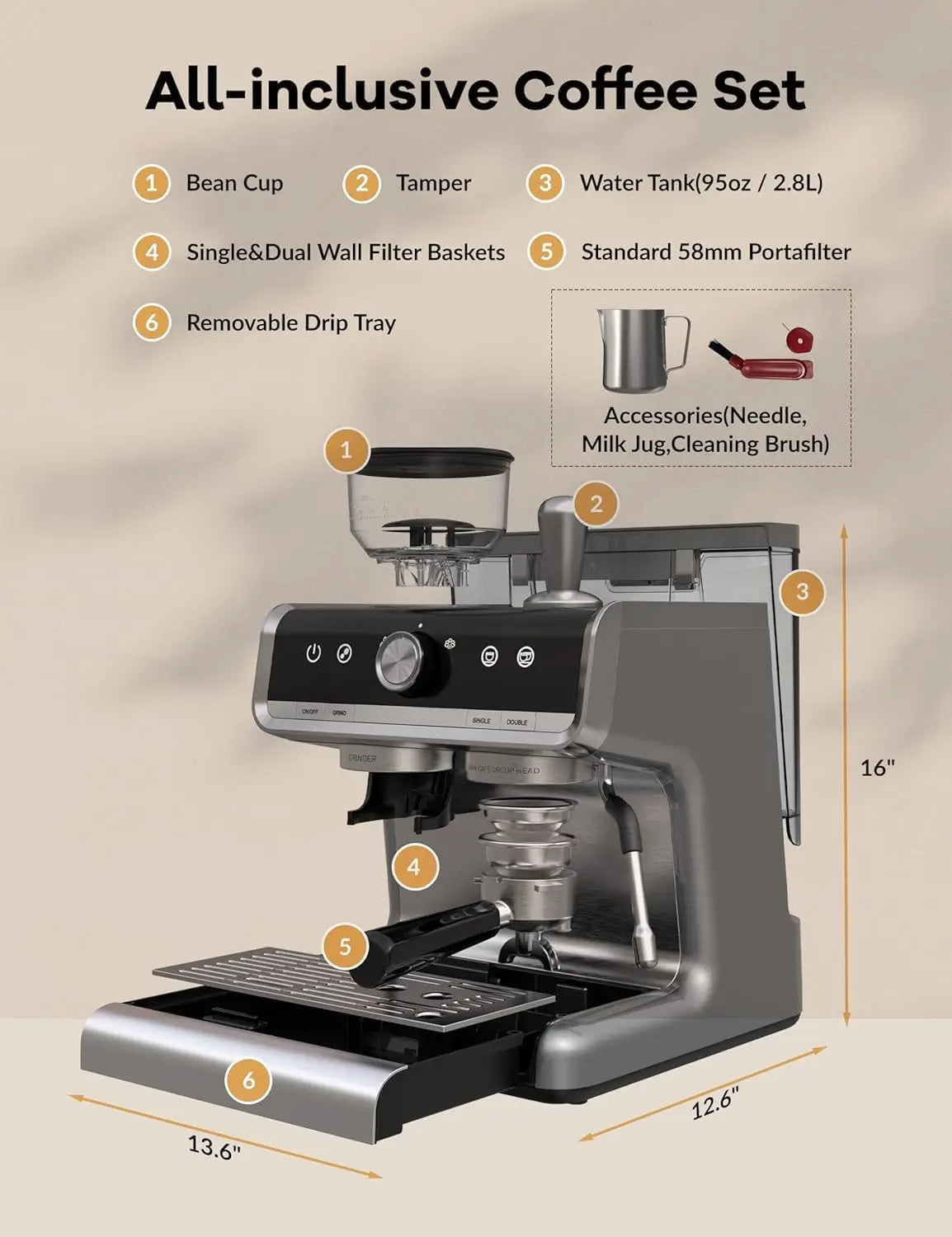 Espresso Machine w/ Grinder Latte Cappuccino Gift