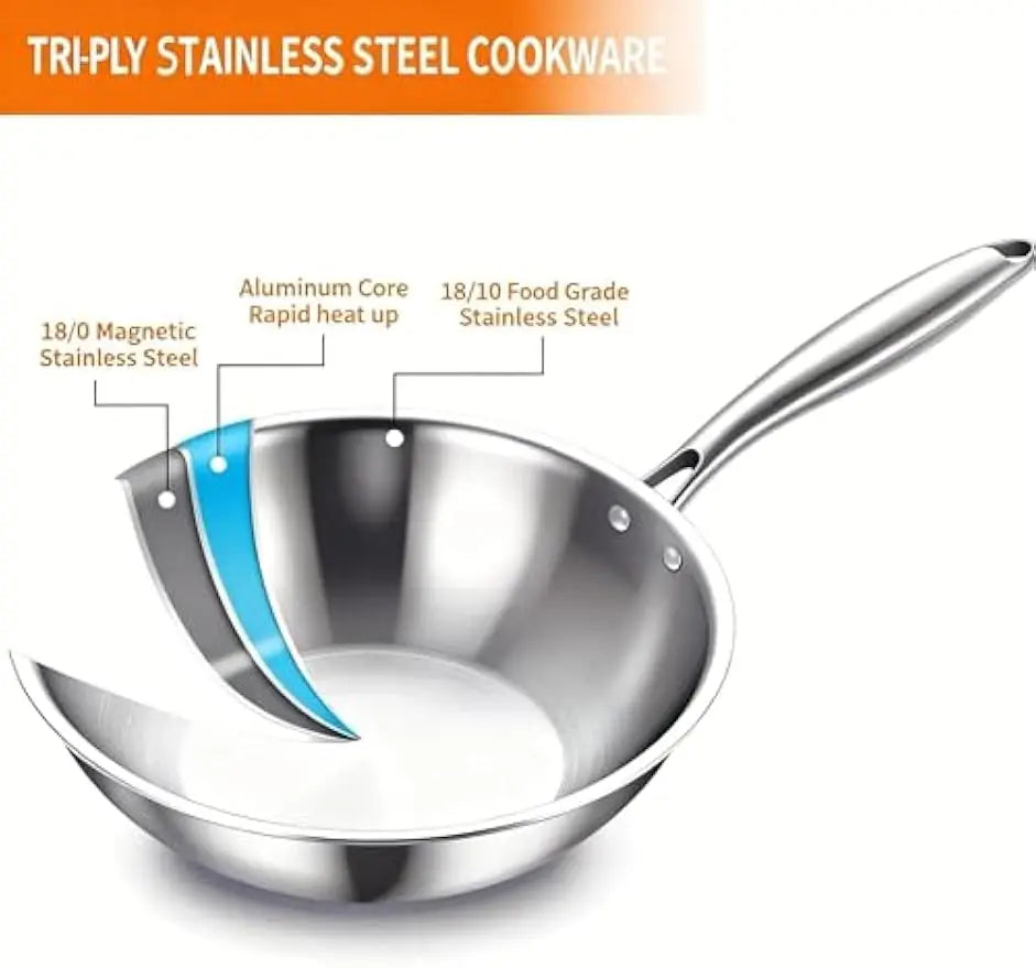 Wok w/ Glass Lid, 12-In Stainless Steel Induction Compatible, Oven Safe