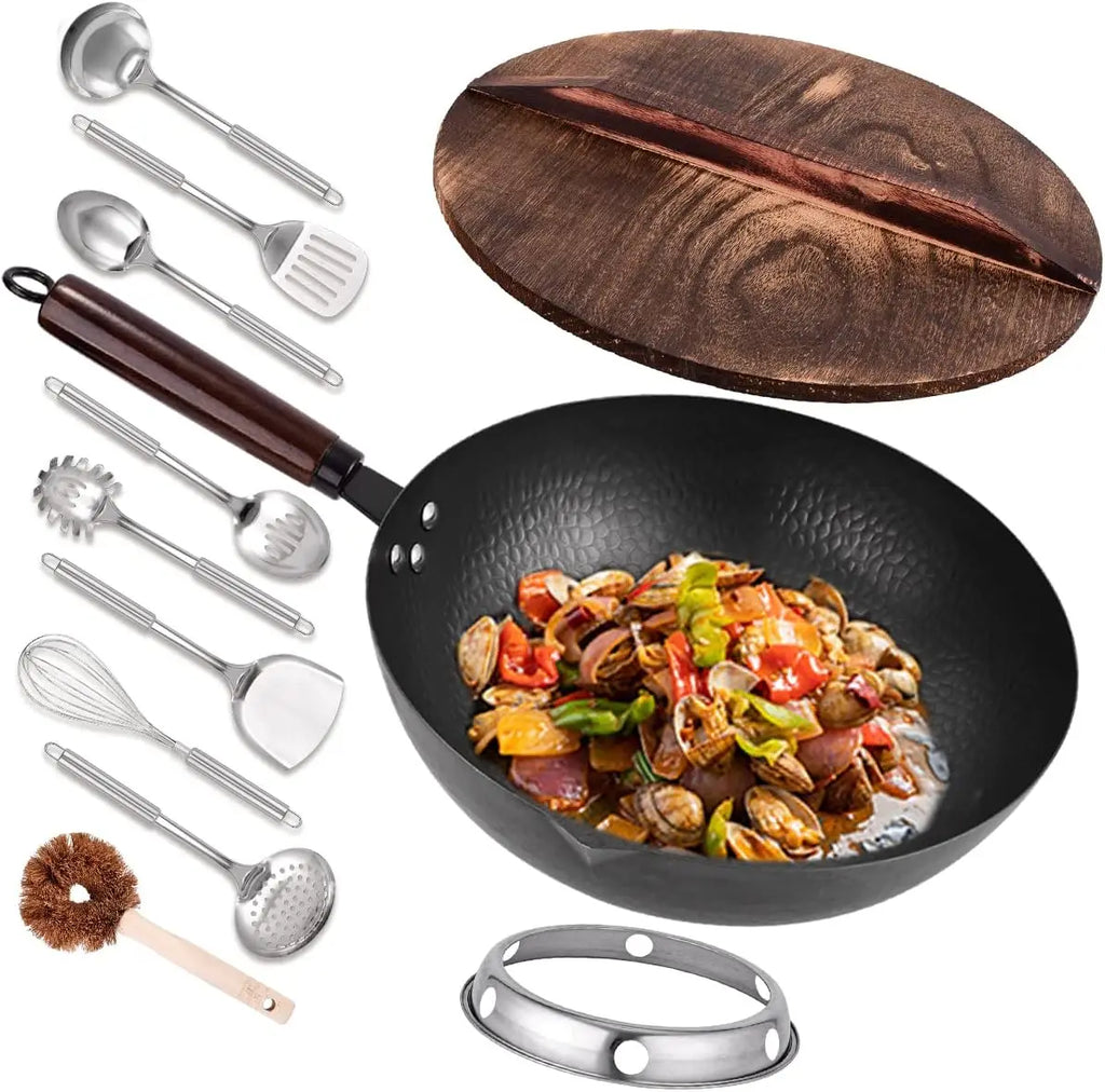 Wok Set w/ Wood Lid & 10 Utensils 12.8" Steel Flat Bottom