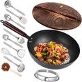 Wok Set w/ Wood Lid & 10 Utensils 12.8" Steel Flat Bottom