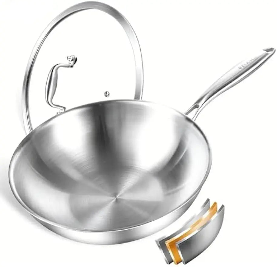 Wok w/ Glass Lid, 12-In Stainless Steel Induction Compatible, Oven Safe